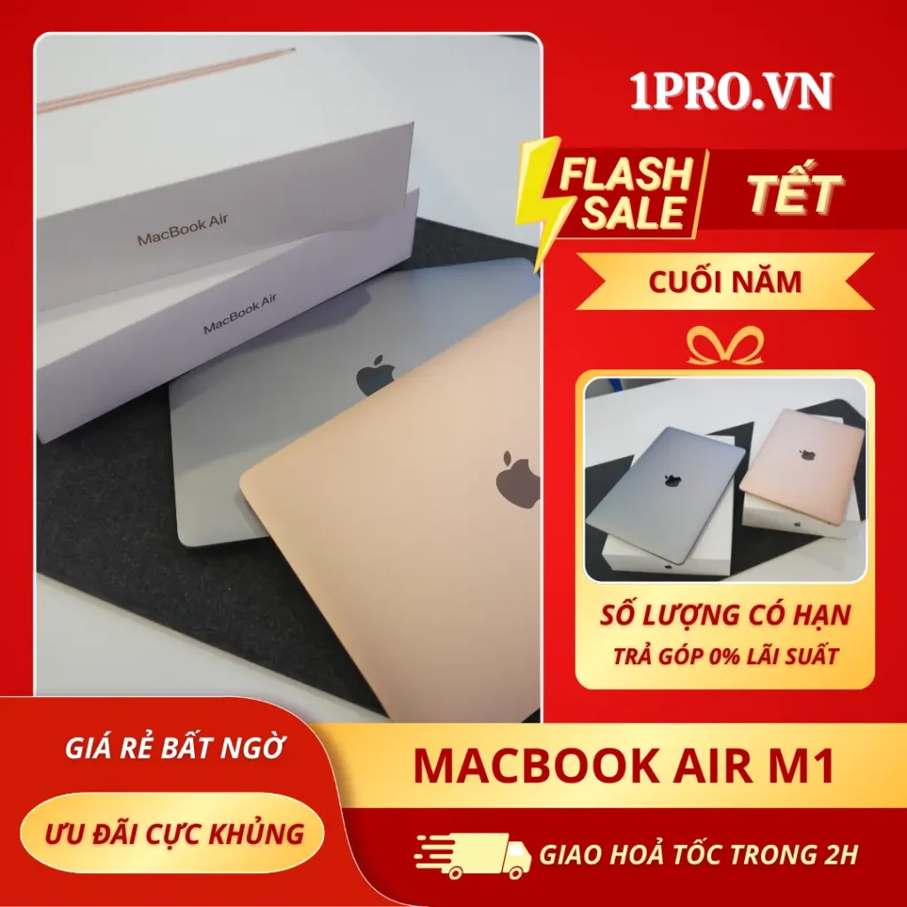 Macbook Air M1 màu xám trên bàn làm việc tối giản